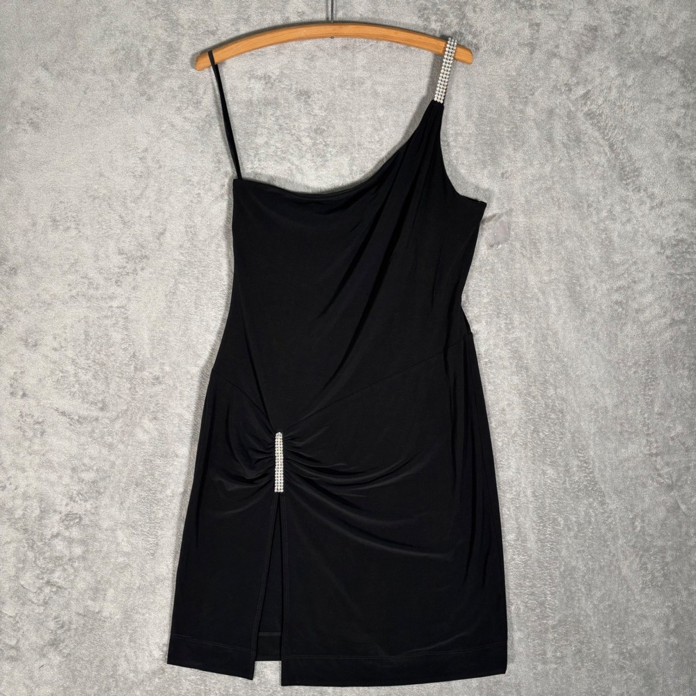 Fredericks of Hollywood Vintage Black One Shoulder Rhinestone Mini Dress Fits S